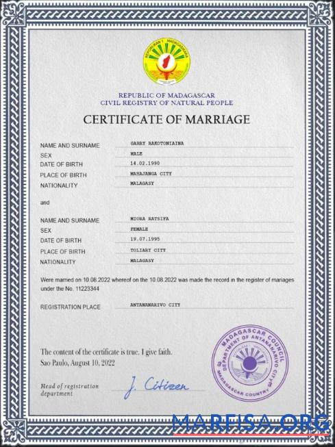 Realistic Madagascar marriage certificate PSD template